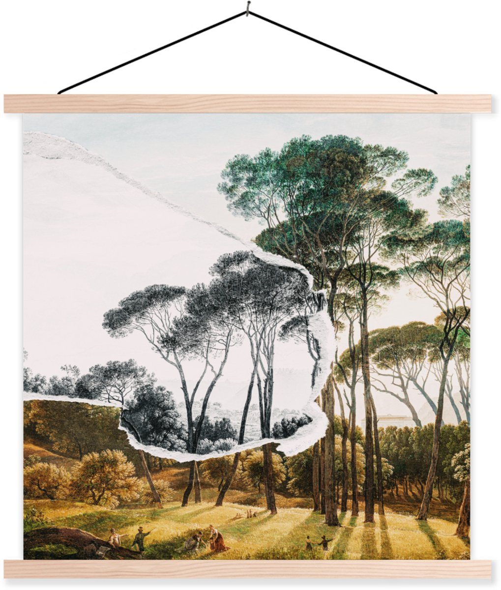 Posterhanger incl. Poster 40x40 cm - Schoolplaat - Italiaans landschap parasoldennen - Kun