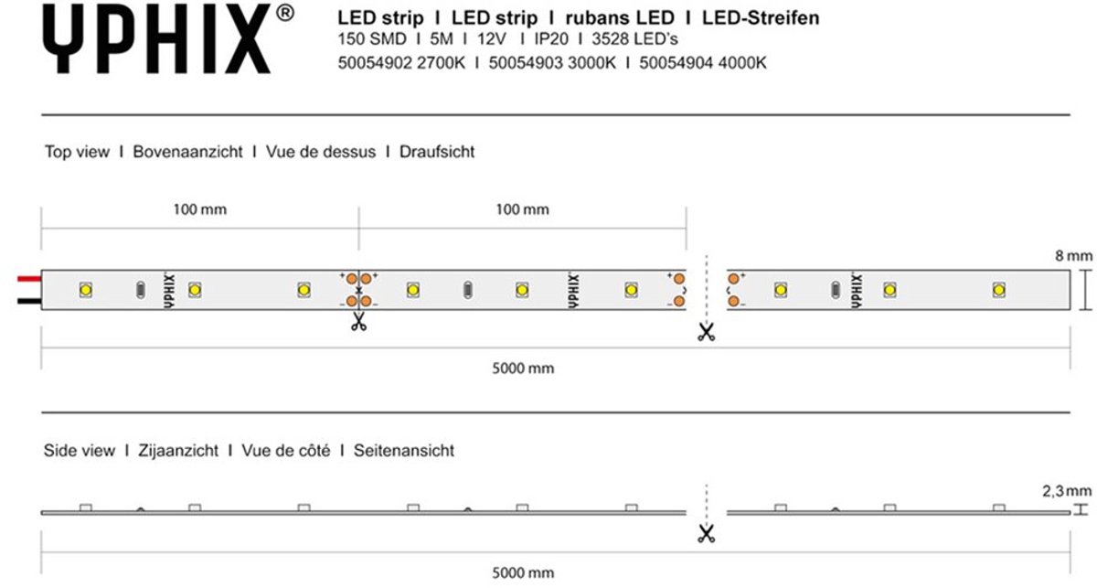 LED strip 5m 12V 3000K IP20 150 SMD 3528 LEDS