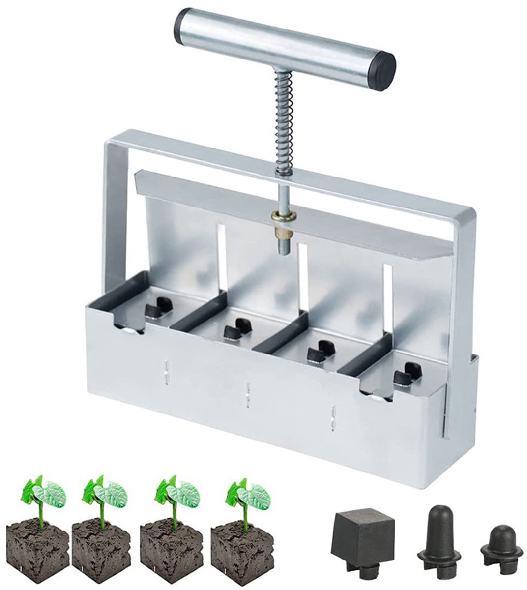 Handmatige grondblokjesmaker voor 4x2 inch zaadblokjes per keer. Grondblokjesmaker voor zaaien, tuingrond, potgrond voor buitenplanten (plastic zaadpinnen)