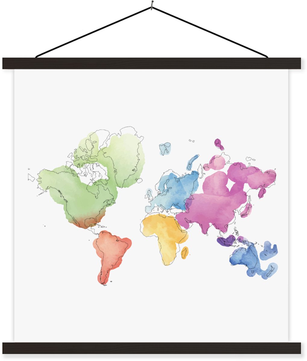 Posterhanger incl. Poster 120x120 cm - Schoolplaat - Moderne wereldkaart in waterverf - Textielposter - Zwarte latten