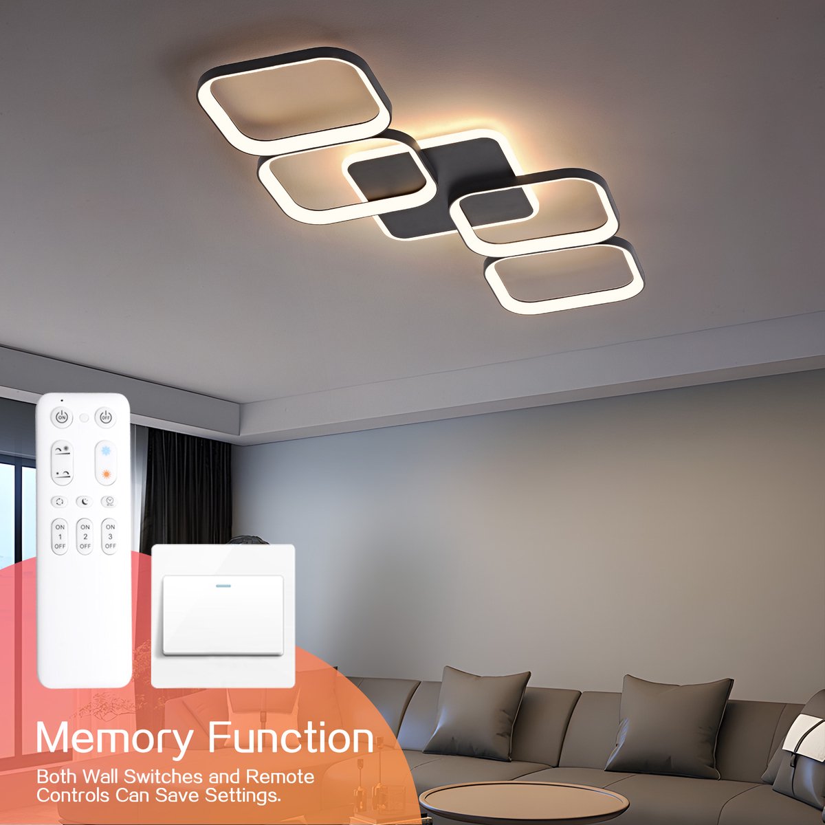 ANTENLICHT LED Plafondlamp - 4 LED Plafondlampen - LED Plafonniere - Dimbaar 3 staps - Met Afstandsbediening - 3000K-6500K - 5600LM - 50W - Zwart