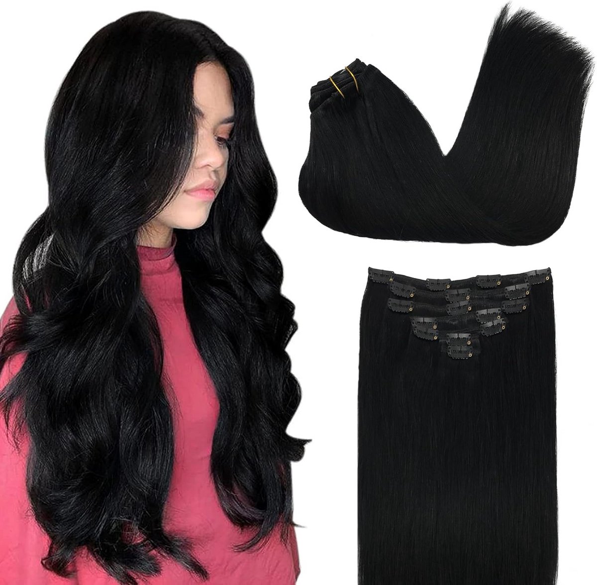 Clip-in Haarverlenging Ech Haar 7 Stuks 12 Inch Jet Zwart Volume en Lengte