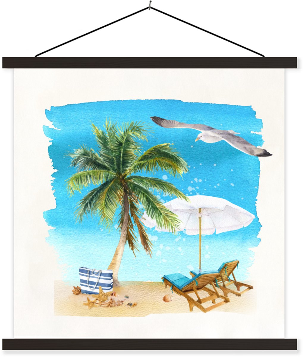 Posterhanger incl. Poster 90x90 cm - Schoolplaat - Strandstoel - Parasol - Palmboom - Text