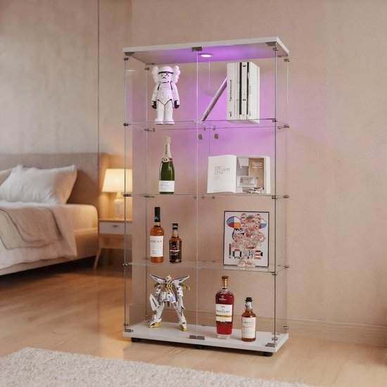 Glazen vitrine, staande vitrinekast, kast voor collectie met led, met 4 deuren, 3 legplanken, transparante onderkast van hout, meubels, vitrine, glas, vitrine, figuur, vitrine, woonkamer, bar (4
