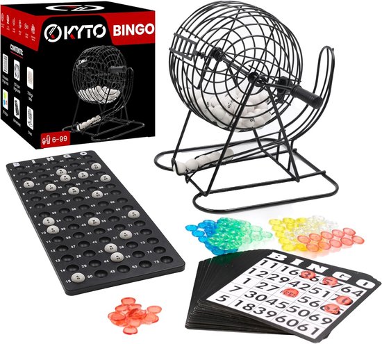 Bingo spel zwart/wit complete set 19 cm nummers 1-75 met molen/168x bingokaarten/2x stiften - warenhuis