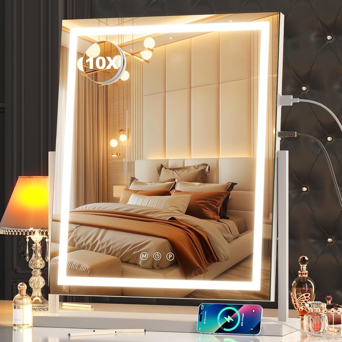 Verlichte Make-up Spiegel met 10x Vergroting en Touch Bediening