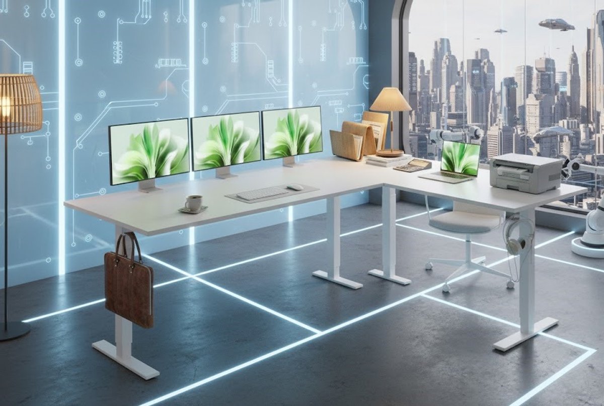 Elektrisch In Hoogte Verstelbaar L-Vormig Bureau – Ergonomisch Sta-Zit Bureau voor Thuis of Kantoor – 160 x 120 cm – Wit – Bellaverowonen
