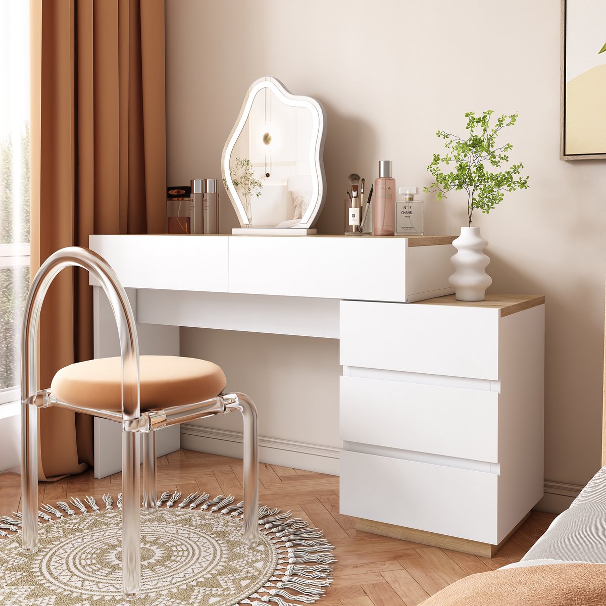 STILVORA Kaptafel – Klassiek Design Met 5 Laden – Veel Opbergruimte Voor Slaapkamer En Make-Up – E1 Spaanplaat Eikenlook – Wit+Notenbruin – Compact Ontwerp