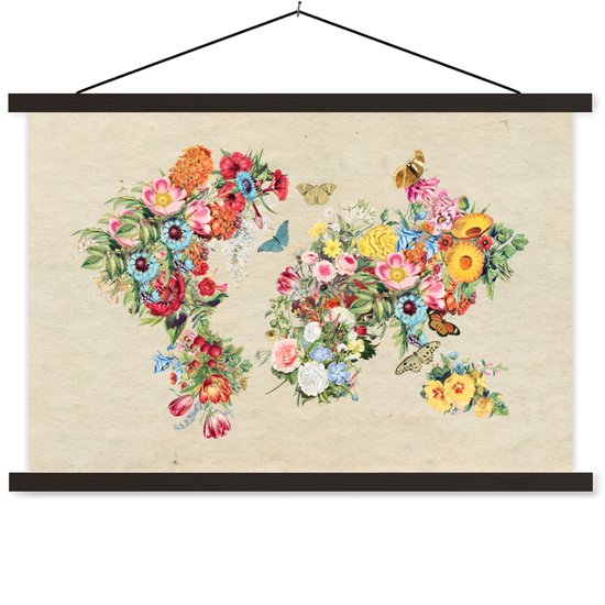 Wanddecoratie - Wereldkaart - Bloemen - Craft papier - Schoolplaat - 150x100 cm - Textielposter - Textiel poster