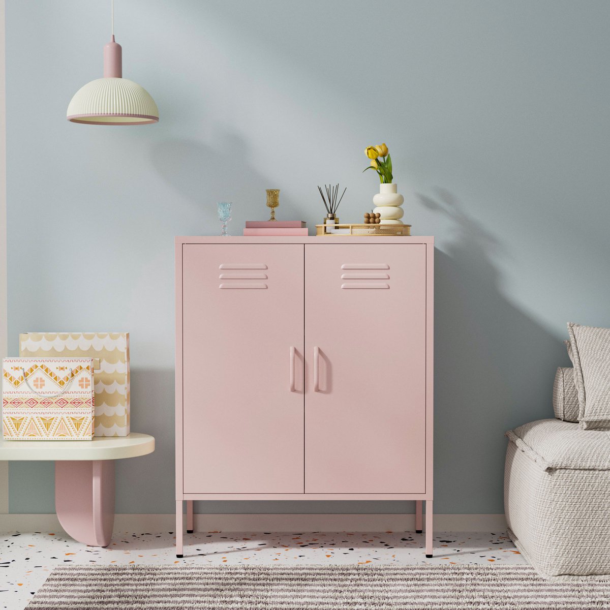 Lendo Online Dressoir - Lockerkast - Opbergkast - Kast industrieel - Industriële kast met verstelbare planken - Archiefkast - Metalen Kast - Kantoorkast - 80x40x100 cm (LxBxH) - Gepoedercoat staal - Metaal - Roze