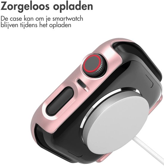 Rosegouden smartwatch case, verbonden met een oplader.