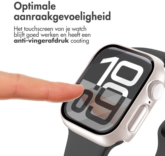 Vinger raakt het scherm van een smartwatch aan, met 'Optimale aanraakgevoeligheid' en anti-vingerafdruk coating.