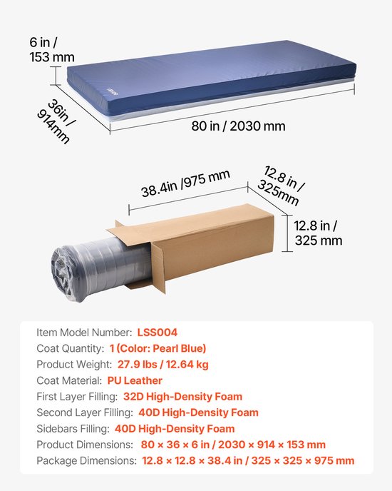 VEVOR Verpleegmatras 227kg Medisch Bedmatras Ziekenhuis 2030x914x153mm van Vevor — afbeelding 3