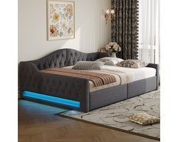 MODFU Ledikant 140x200 cm – linnen grijs – met opbergruimte en instelbare LED – sofa-bed design