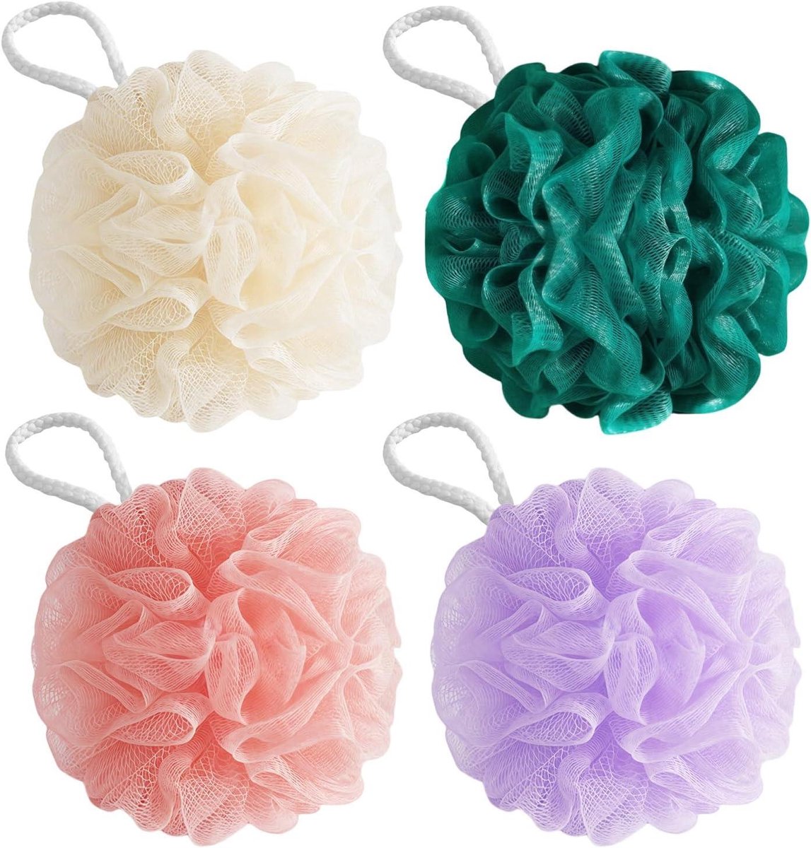 Loofah Douche Puff 4-Pack voor Zachte Exfoliatie en Reiniging van Lichaam