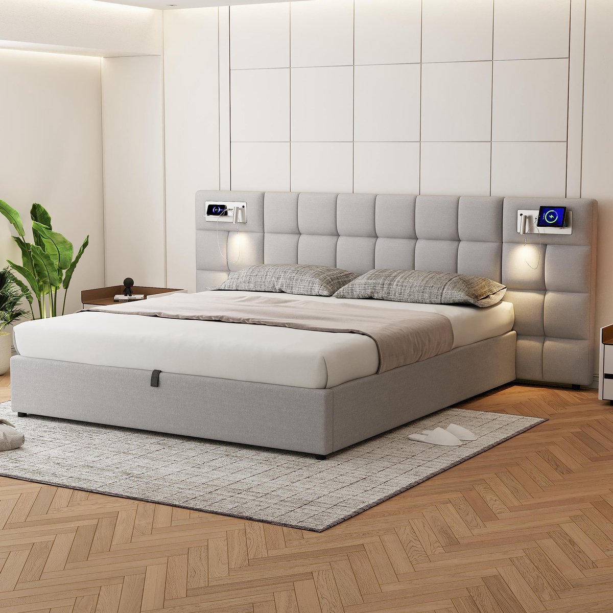 Sweiko Gestoffeerd bed - 180 x 200 cm - Met oplaadfunctie - LED-verlichting - Opbergruimte - Grijs