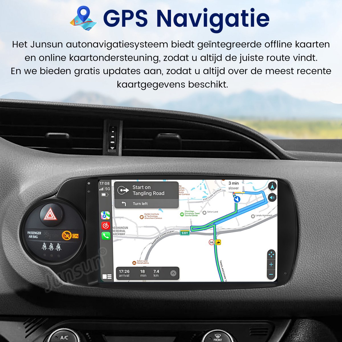 Junsun Android 15 Autoradio Geschikt voor Toyota Yaris (2012-2017), 4GB+64GB, Draadloze CarPlay & Andriod Auto, 9-inch IPS Touchscreen, Bluetooth, GPS-multimedianavigatie, WIFI, SWC, FM, RDS, DSP, DAB+, Octa-core processor