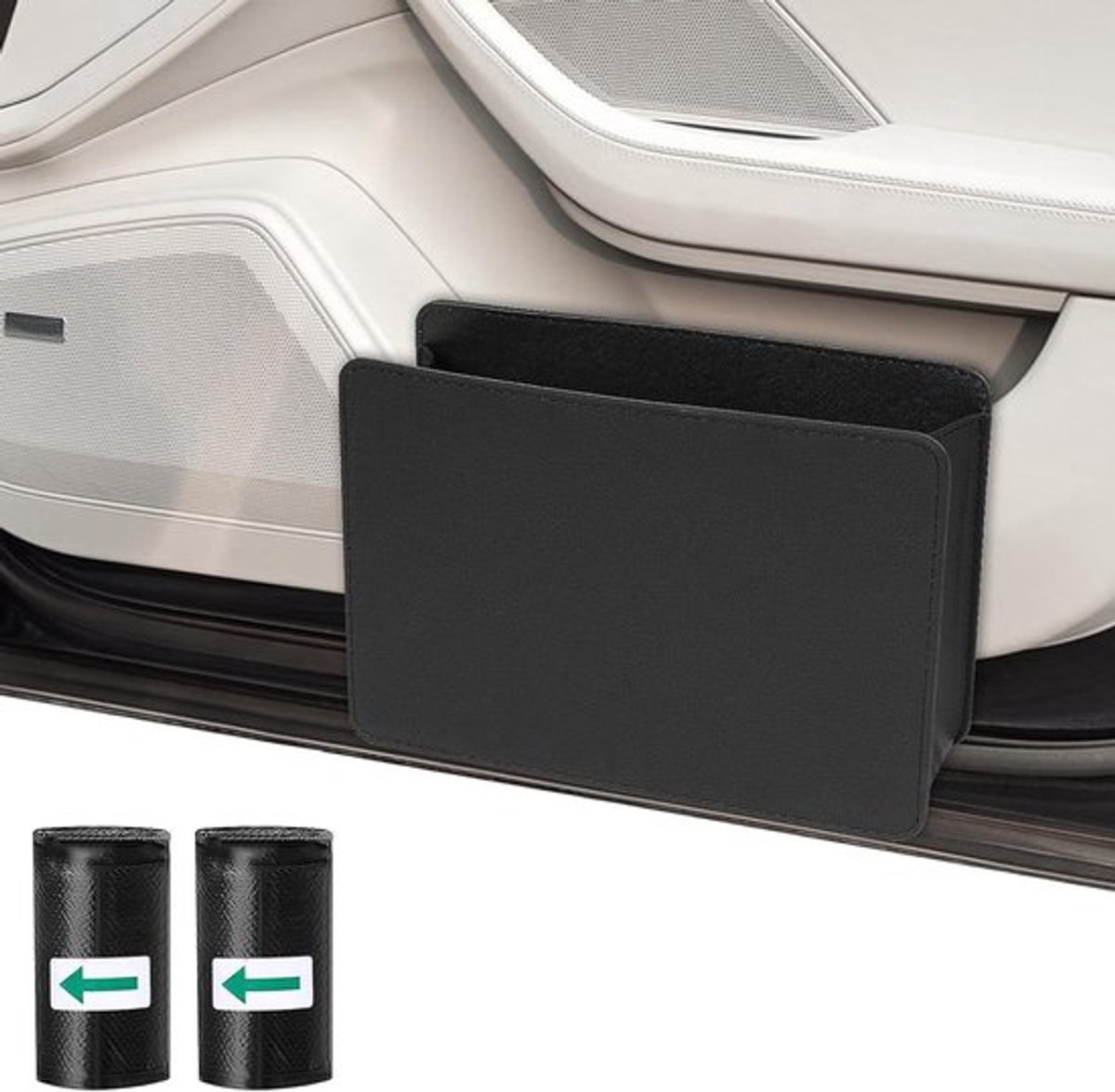 Kleine vuilnisemmer met vuilniszakken en opvouwbare auto-afvalemmer in leer met multifunctionele kofferbak-organizer.