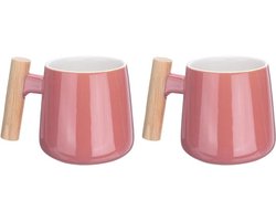 Set van 2 handgemaakte 300 ml keramieken mokken met houten handvat voor koffie, thee, melk en soep - Perfect voor thuis, kantoor en als cadeau - Roze