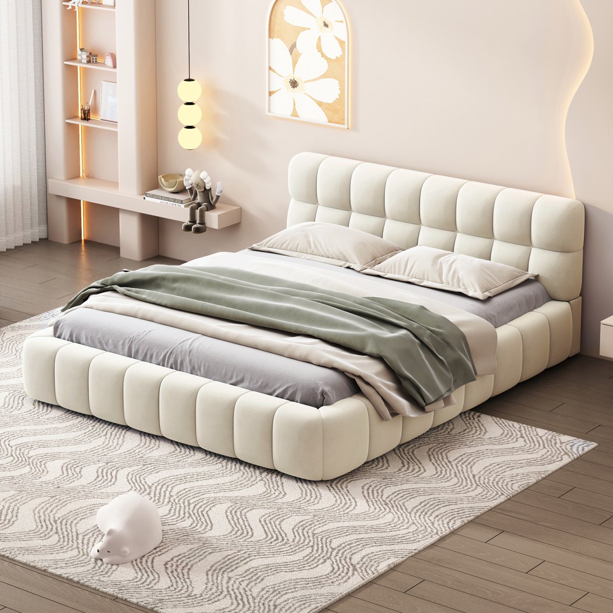 Laag Polsterbed met Linnen Bekleding – Zacht Volledig Gestoffeerd Bedframe met Verzonken Plaatsing voor Matras, 160 × 200 cm (Tweepersoons)