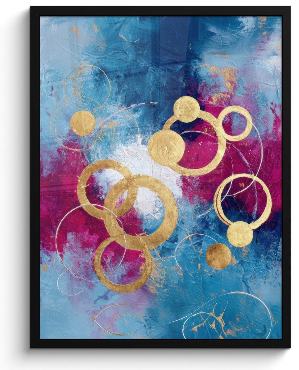 FrameYourWall Poster in lijst - Fotolijst 60x80 cm - Posters - Cirkels - Goud - Abstract - Posterlijst zwart - Decoratie - Wanddecoratie woonkamer - Muurdecoratie slaapkamer