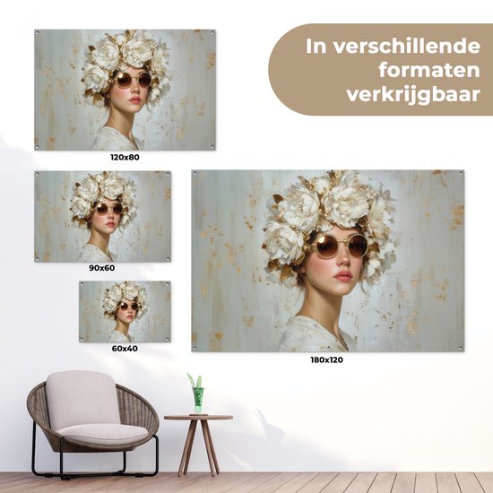 Meisje met zonnebril en bloemenkrans, verkrijgbaar in maten 120x80, 90x60, 60x40 en 180x120.