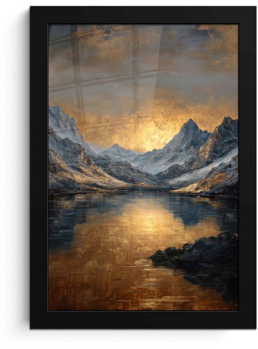FrameYourWall Poster in lijst - Fotolijst 20x30 cm - Posters - Berglandschap met Gouden Zonsondergang - Posterlijst zwart - Decoratie - Wanddecoratie woonkamer - Muurdecoratie slaapkamer Bergen - Zonsondergang - Meer