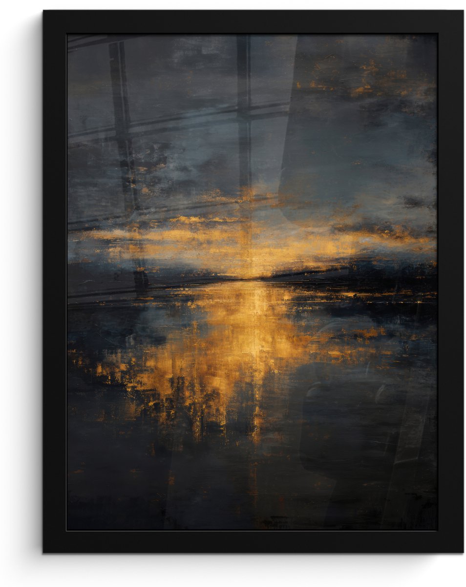 FrameYourWall Poster in lijst - Fotolijst 30x40 cm - Posters - Gouden Reflectie op Water - Posterlijst zwart - Decoratie - Wanddecoratie woonkamer - Muurdecoratie slaapkamer Water - Goud - Reflectie
