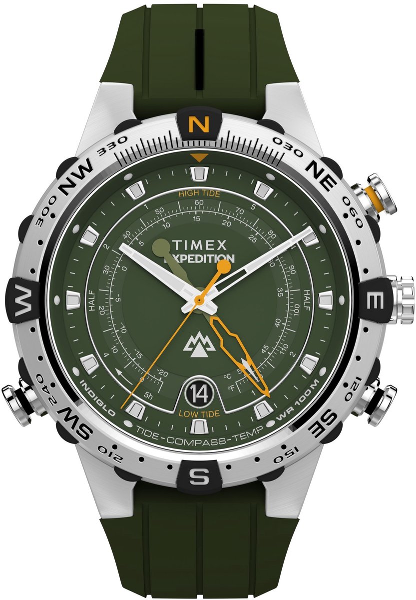 Timex Expedition® Tide-Temp-Compass Quartz Analoog Horloge Groen Kast: 100% Roestvrij Staal | Armband 100% Siliconen 45 mm TW2Y14400AJ