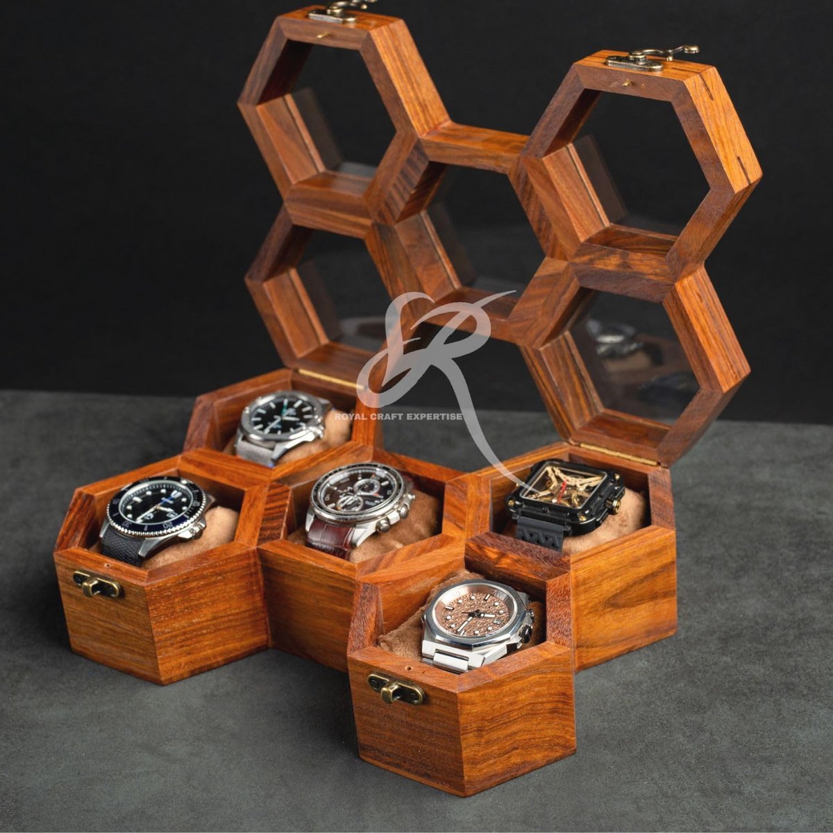 Handgemaakt Houten Horloge Displaydoos voor Mannen met 5 Slots van Indisch Rozenhout