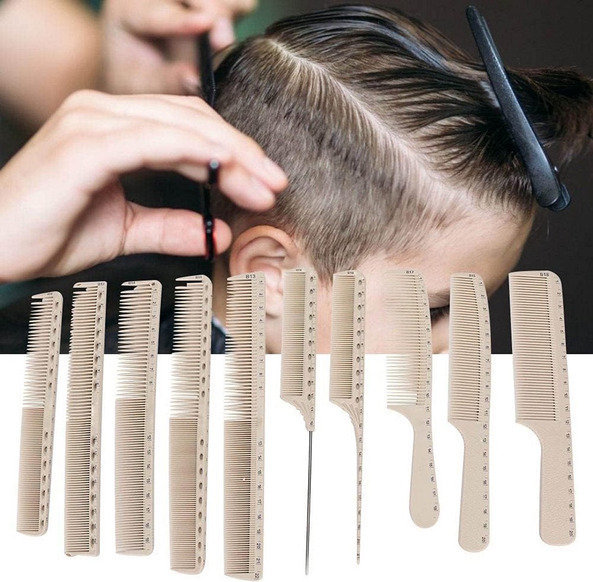 Antistatische haarkammen set van 10 - Professionele kapperskam met hittebestendigheid en maatschaal voor salon en persoonlijk gebruik