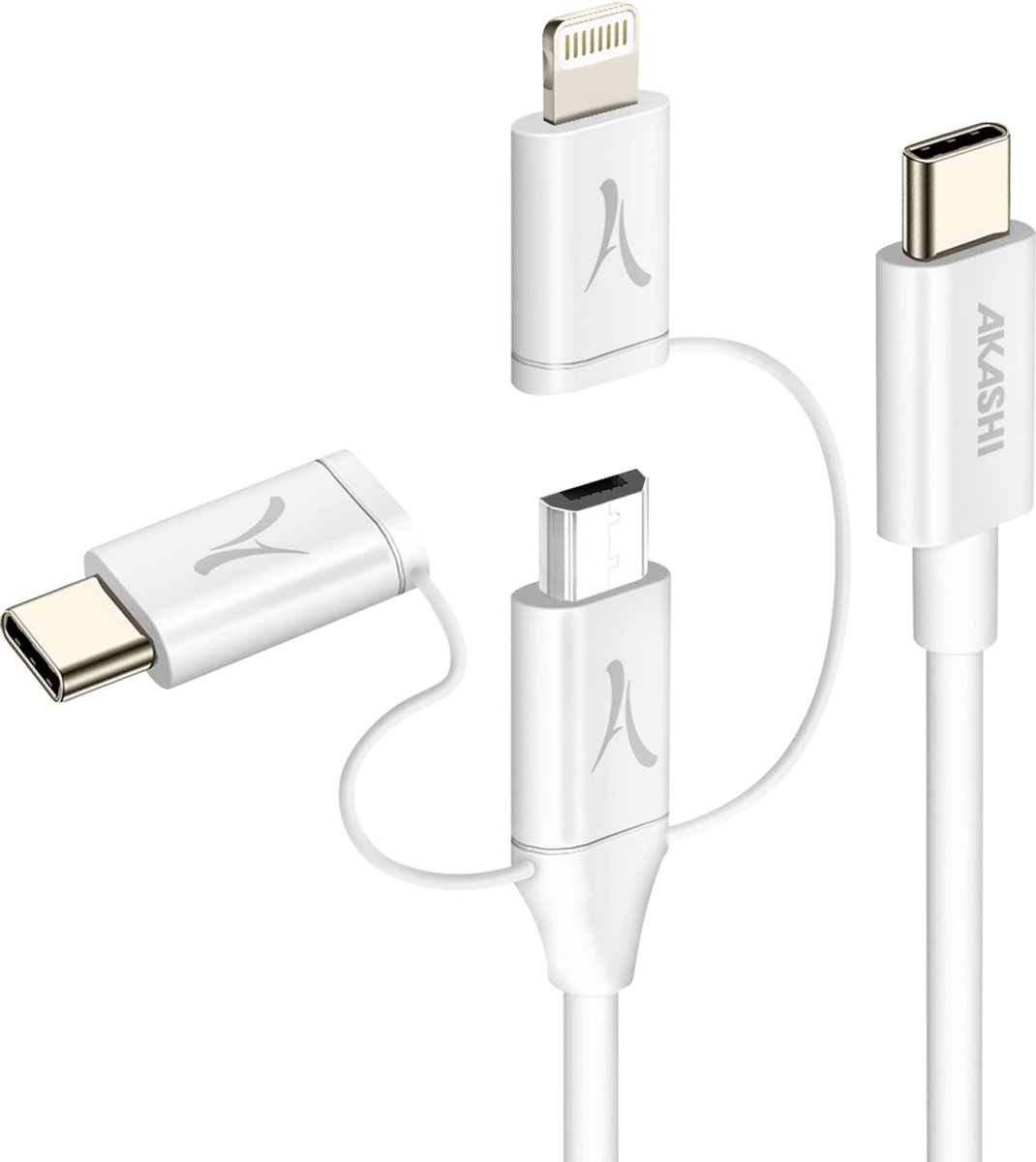 Akashi, 3-in-1 USB-C naar USB-C Micro-USB Lightning ecologische kabel 1m, Wit