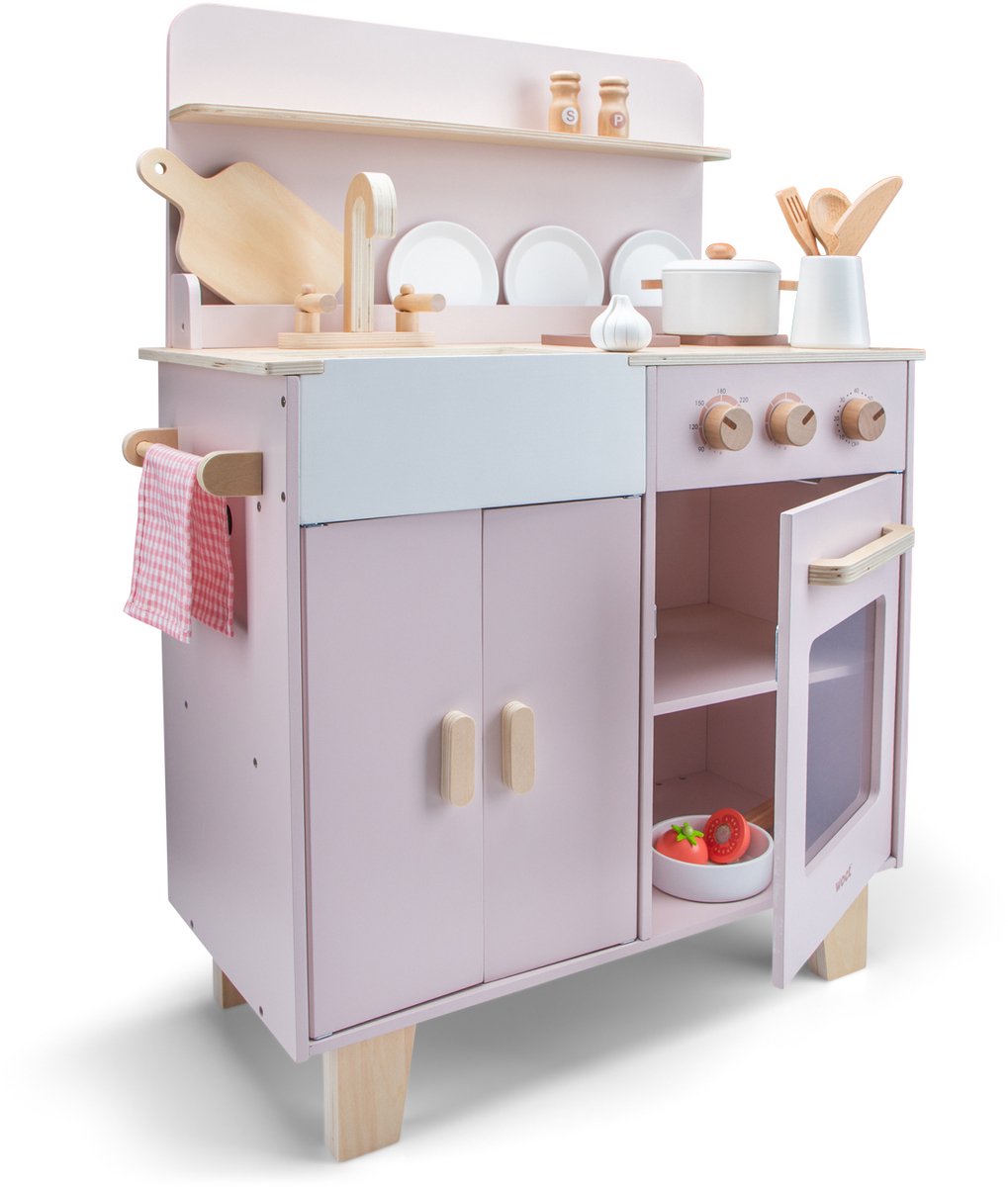 Woet® Houten Speelgoed Kinderkeuken Roze - Speelkeukentje met Pannen, Servies, Groente en Snijplank - Houten Speelkeuken - Werkbladhoogte 55 cm - Rollenspel - Vanaf 3 Jaar — afbeelding 6