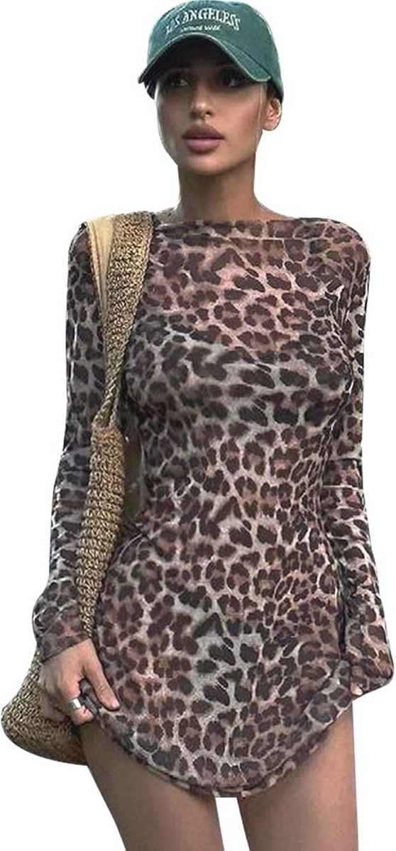 Sexy Lange Mouwen Mini-Jurk met Luipaardpatroon voor Dames