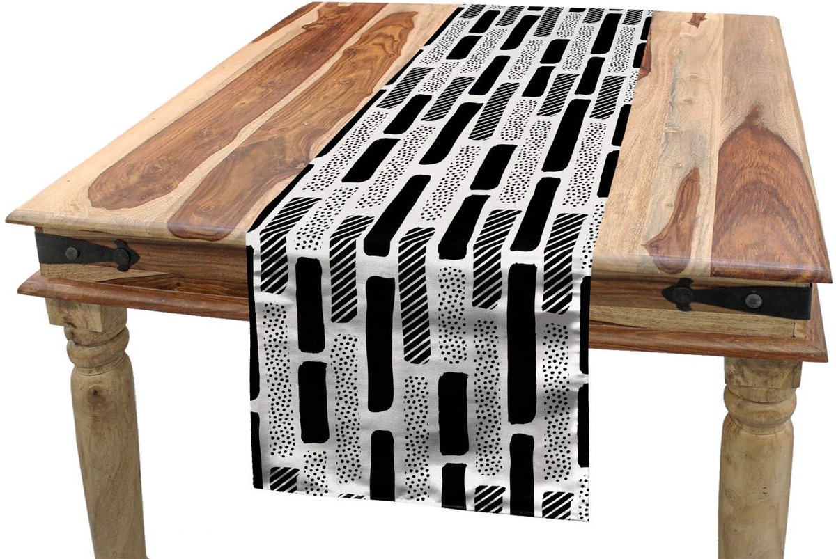 ABAKUHAUS Abstracte tafelrok – penseelstreek-strepen – 40 x 180 cm – Wit/Zwart