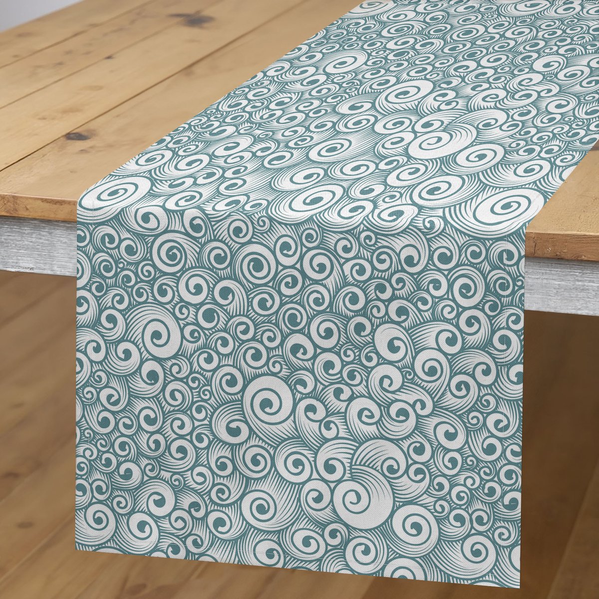Abakuhaus abstracte tafelloper – blauw-grijs/babyblauw – 40×180 cm