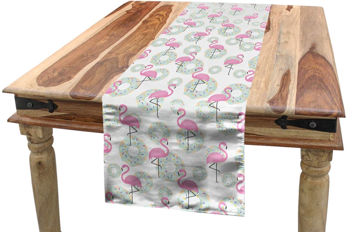 ABAKUHAUS Flamingo-tafelloper – 40x180 cm – Polyester, wasbaar op 40°C – mint/beige/roze