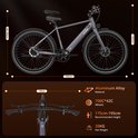 Grijze Hitway elektrische fiets met afmetingen aangegeven in cm. Stuuruitslag 70cm, hoogte 107cm, lengte 182cm, zadelhoogte 89-109cm. Geschikt voor personen van 175-195cm. Gewicht 20kg.