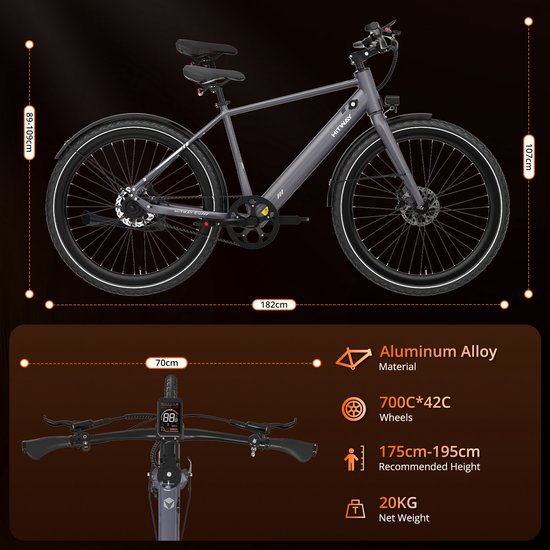 Grijze Hitway elektrische fiets met afmetingen aangegeven in cm. Stuuruitslag 70cm, hoogte 107cm, lengte 182cm, zadelhoogte 89-109cm. Geschikt voor personen van 175-195cm. Gewicht 20kg.