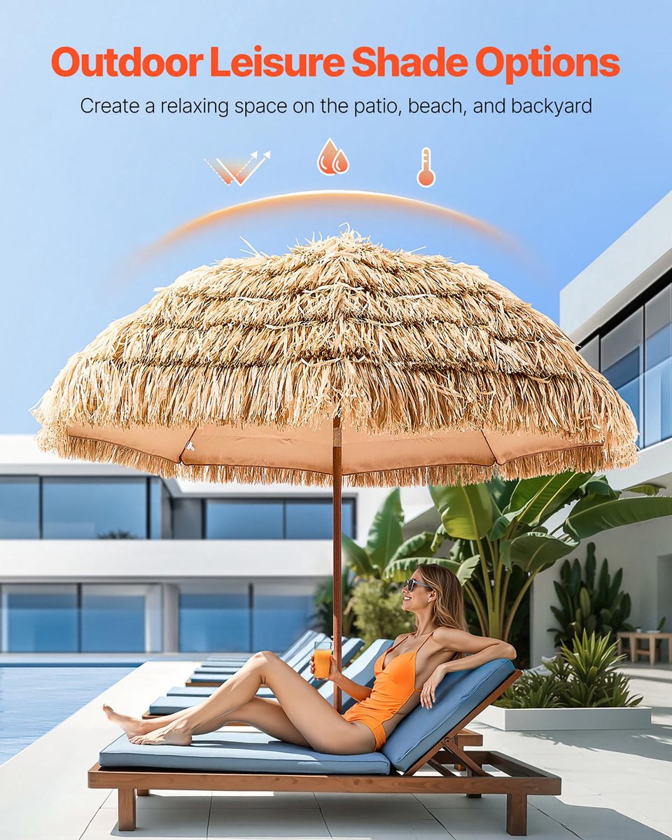 VEVOR Tiki-Parasol, 2,4 M Rieten Terrasparasol met Kantelfunctie, Hawaiiaanse Strandparasol met Duurzaam Pp-Riet En 8 Metalen Baleinen, Grasparasols voor Strand, Terras, Zwembad, Achtertuin En Tuin – foto 8