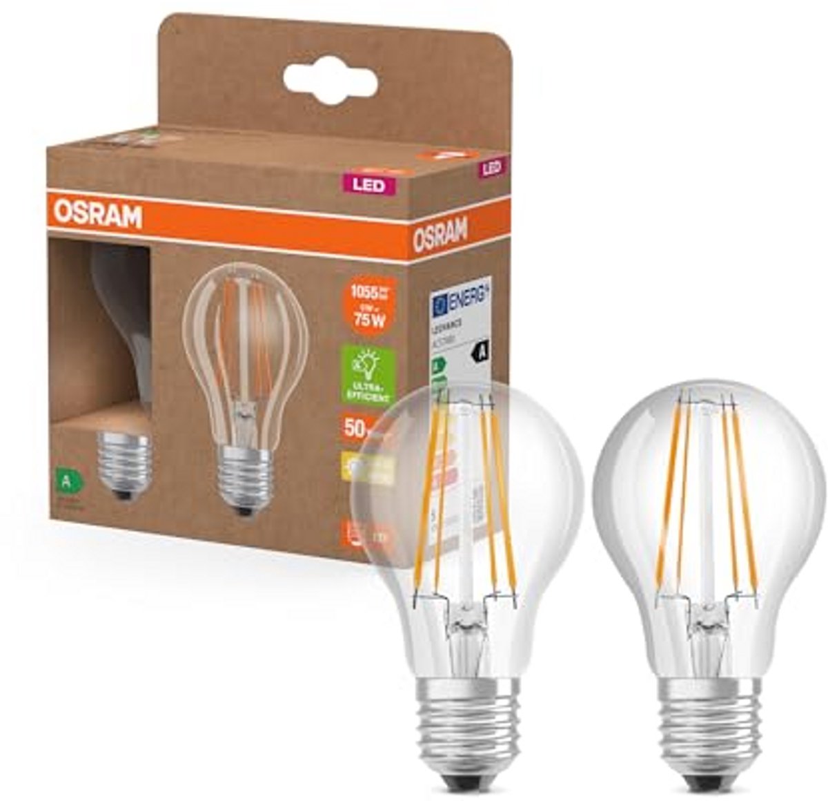 Classic LED-lamp A 75 - E27 fitting - Warm wit licht - 2 stuks - 5W - 1055 lm