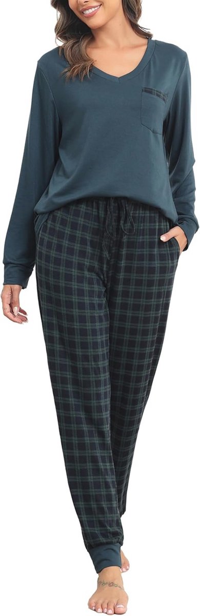 Dames pyjama set 2-delig met lange tops en geruite broek loungewear met trekkoord en zakken