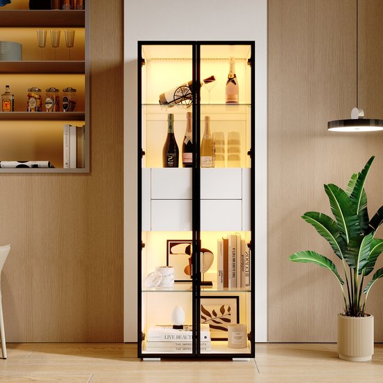 Vitrine Sweiko - Portes Verres - Éclairage LED- 2 tiroirs - Wit