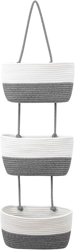 Hangende organizer, 3-traps deurmand, wand-gemonteerde organizer, opbergmanden van katoenen touw, hangmand voor het opbergen van woonkamer, slaapkamer, badkamer, kinderkamer (C