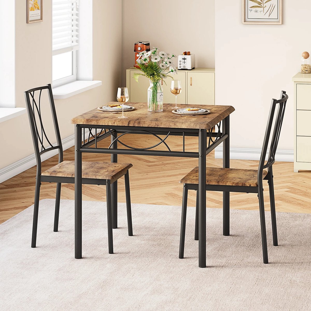 Mila Shop Eettafel set voor 2 personen - Ideaal voor kleine ruimtes - vierkante eetkamer tafel - Metaal - Hout - Zwart/Bruin
