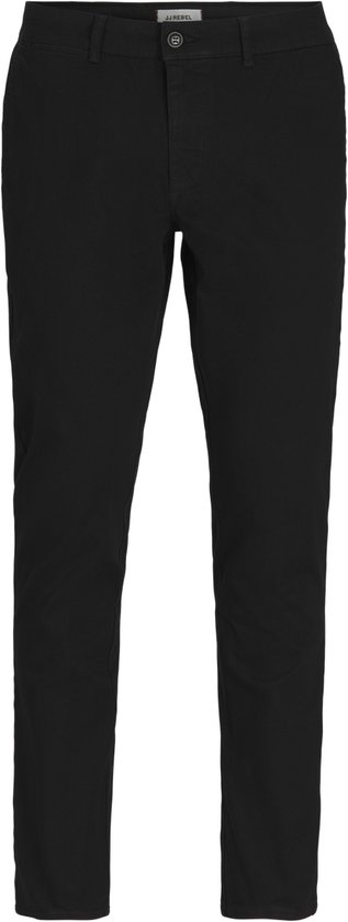Zwarte slim fit broek met knoopsluiting.