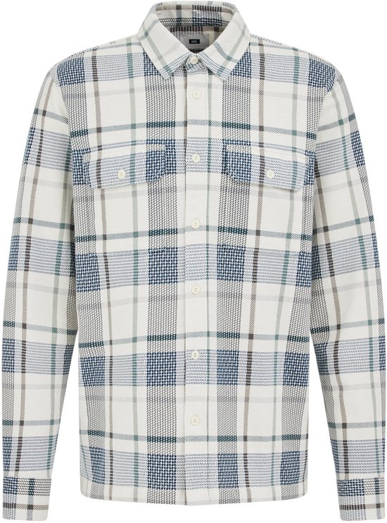 Een shirt met lange mouwen in wit, blauw en grijs geruit patroon. Het shirt heeft twee borstzakken.