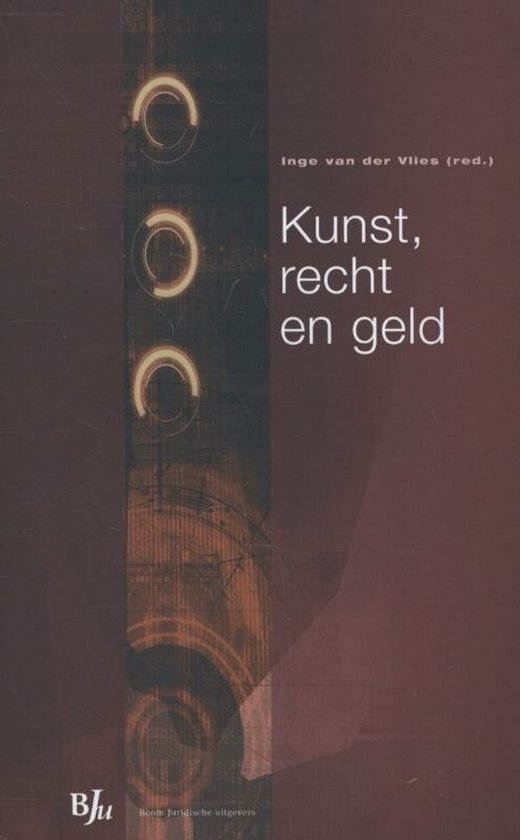 Boek met de titel Kunst, recht en geld, met een bruine achtergrond en cirkelvormige ontwerpen.