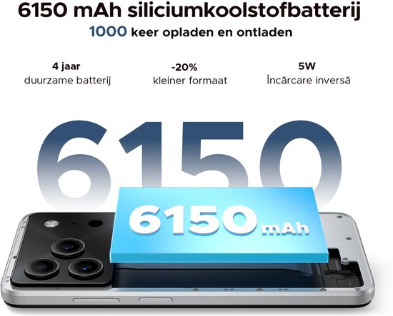 DOOGEE Note 56 Pro smartphone met 6150 mAh silicium-koolstofbatterij, 1000 laadcycli.