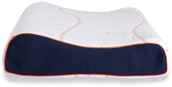 Ergonomisch gevormd wit kussen met donkerblauwe zijkant, voorzien van oranje en grijze accentlijnen.